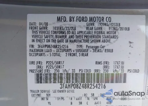 2008 Ford Fusion Sel from USA, damaged, VIN 3FAHP08Z48R254216